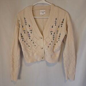 Willow & Wind Floral Embroidered Pointelle Cardigan Small Cream Cottagecore